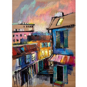 Original Oil Pastel Painting: European Rooftops, Old Town Art (20x27 in)