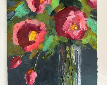 Wild Rose Hip Oil Painting: Impasto Floral Still Life Expressionist Art (8x12)