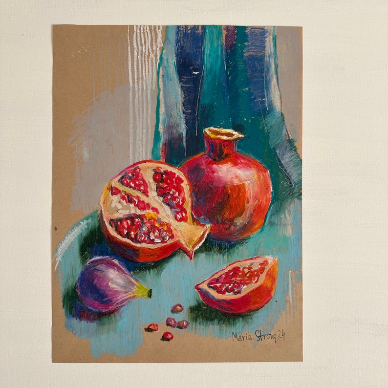 Original gerahmtes Öl-Pastellgemälde Ölstifte Wandkunst heller Granatapfel Stillleben Gemälde 12x16 in realistisch gearbeiteter Granatkunst Bild 5