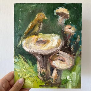 Pintura de pardal 7,5 x 9 cogumelos pintura fada semi abstrato arte de parede pássaro arte cogumelos decoração para casa pintura de pássaro decoração de parede emoldurada