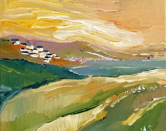 Village in Israel painting Sunny landscape colorful hills landscape lake houses painting holy land landscape Meadow Painting Wilderness art