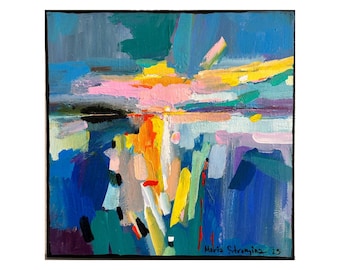 Abstract Sunset Painting, Lake Landscape, Bright Original Home Decor on canvas