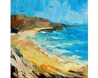 Impasto Beach Oil Painting: Seascape Lagoon Wall Art (11x14)