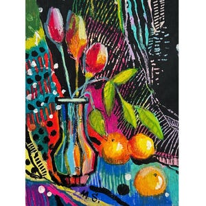 Tulips Still Life Painting: Expressionist Oil Pastel Art, 12x16 Framed