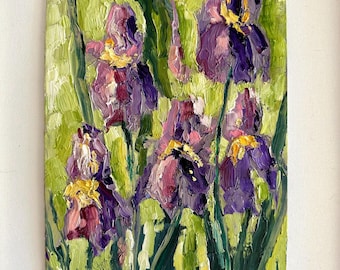 Irises painting purple flower wall art canvas 9 x 12 floral impasto painting Impressionist botanical wall art iris flower nature painting