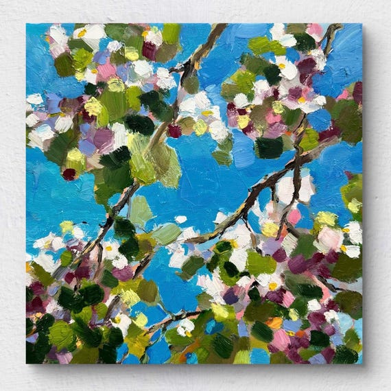 白い花 名画 油絵 花 ブロッサムツリー 白い花のオリジナル油絵 12x12