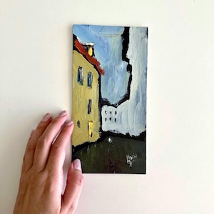 Pintura antiga de Tallinn 4 x 7,5 miniatura paisagem urbana Tallinn arte de parede pequena paisagem expressionista arte dia cinza Estônia pintura a óleo