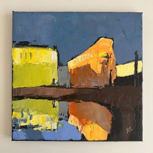 Old city landscape original oil abstract impasto painting canvas 12x 12 European autumn wall art old house Saint Petersburg by klaretsART