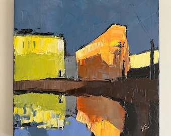 Stadt Brücke Ölgemälde: Halbabstrakte Stadtlandschaft Impasto Kunst 30x30cm