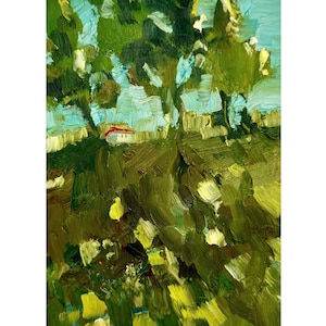 Pintura de árvores, campo de arte de parede 6 por 8, pintura da Casa Branca, paisagem rural, arte de parede impasto, pintura de verão, pequena decoração para casa, grama, jardim, arte