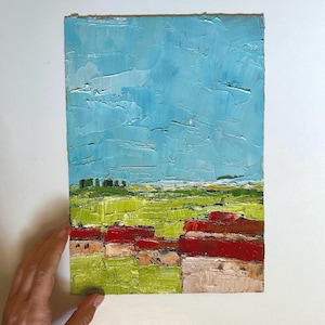 Paisagem de aldeia, pintura a óleo impasto, 8 x 12, arte de parede rural, casas antigas, pintura, campo, colinas, brilhante, arte semi-abstrata, pintura de fazenda rural