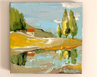 Cottage Oil Painting: Lake House Landscape, Rural wall art