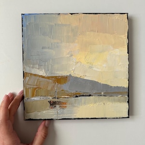 Seascape sunset original impasto oil painting canvas 8 x 8 boat landscape semi abstract beige painting Mountain View Israel oil handmade art