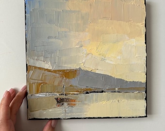 Seascape sunset original impasto oil painting canvas 8 x 8 boat landscape semi abstract beige painting Mountain View Israel oil handmade art