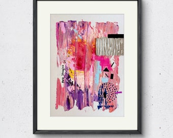 Mixed Media, 8 x 12 inch Oil Pastel, collage acrylic, framed Abstract Art Expressionalism, pink Art, Handmade, Contemporary bright painting