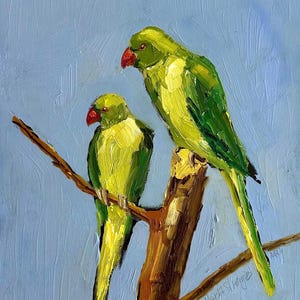Green Parrot Oil Painting: Tropical Bird Art, 11x14 Canvas