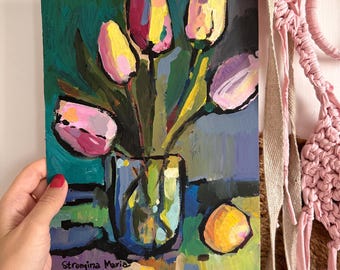 Tulips Oil Painting: Floral Still Life, Semi Abstract Wall Art (8x12 in