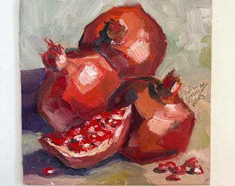 Pomegranate Oil Painting: Original Still Life Kitchen Wall Art, made in Israel