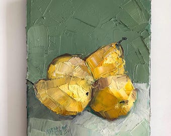 Pears Oil Painting: Original Impasto Still Life, Kitchen Decor (8x10)