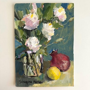 Pintura de ramo de rosas de naturaleza muerta de 8 x 12, arte de pared de rosas blancas, ramo, jarrón, obra de arte botánica, arte de pared de granada, arte floral, estilo shabby chic