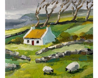 Irish Cottage Oil Painting, Wind Landscape, Palette Knife Ireland Art