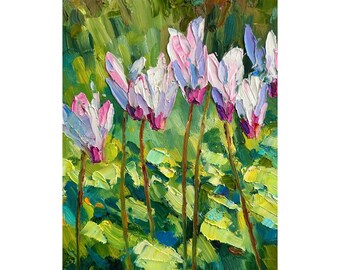 Cyclamen Oil Painting: Impasto Floral Art, 8x12 Forest Flowers wall art