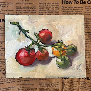 Pintura de tomates Decoración de pared de cocina 10 x 8 Tomates Bodegón Pintura de vegetales Arte de pared al óleo original Rama Tomates cherry Decoración del hogar