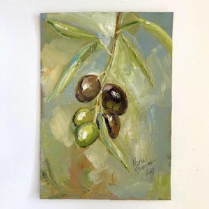 Pintura de oliveira arte para casa 8 x 12 azeitonas verdes e pretas em um galho de oliveira semi abstrata cozinha original natureza morta oliveira decoração para casa arte