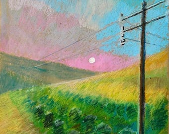Vineyard Sunset Oil Pastel Painting: Israel Landscape Art (12x12)