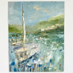 Boats painting 11 by 14 impasto water painting yacht wall art boat seascape mountain landscape impressionist art sunny day old city painting