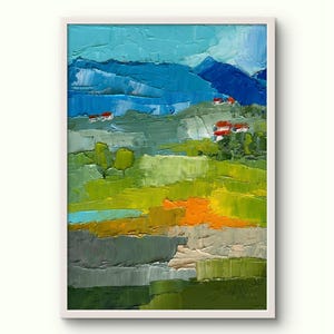 Pintura de prado, paisagem de montanha, pintura a óleo impasto, 8 x 12 casas de montanha, arte de parede, vila, colinas, paisagem abstrata brilhante, arte impasto