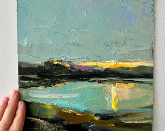 Salt Lake Oil Painting: Original Impasto Sunset Art, Abstract Seascape  8x10