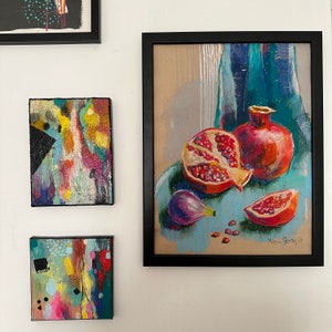 Original gerahmtes Öl-Pastellgemälde Ölstifte Wandkunst heller Granatapfel Stillleben Gemälde 12x16 in realistisch gearbeiteter Granatkunst Bild 3