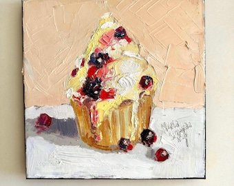 Berry Cupcake Oil Painting: Impasto Sweet Cream Dessert Art (8x8)