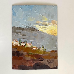 Pintura de montanhas Impasto, arte de parede a óleo, 8 por 12, paisagem do pôr do sol, pintura de casas, vila do sul, Israel, pintura de vila rural nas montanhas