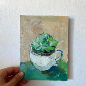 Cuadro suculento de 6 x 8 enmarcado, pintura floral, decoración shabby chic, suculenta en una taza, pintura, pequeña decoración del hogar, pintura al óleo de planta de interior