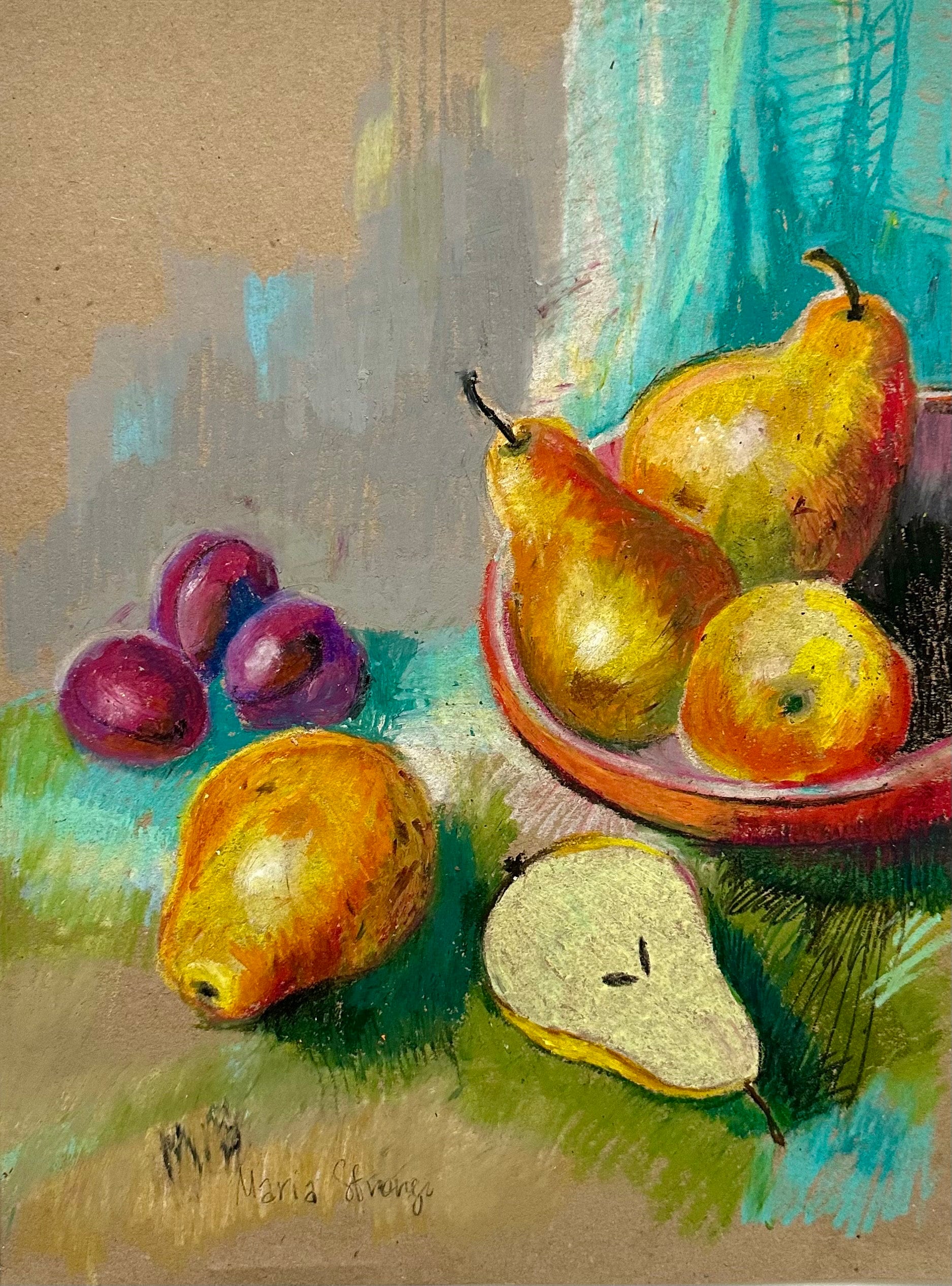 Original Pears & Plums Oil Pastel Painting: Kitchen Still Life Art