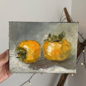 Impasto Persimmon Oil Painting: Small Still Life Kitchen Decor
