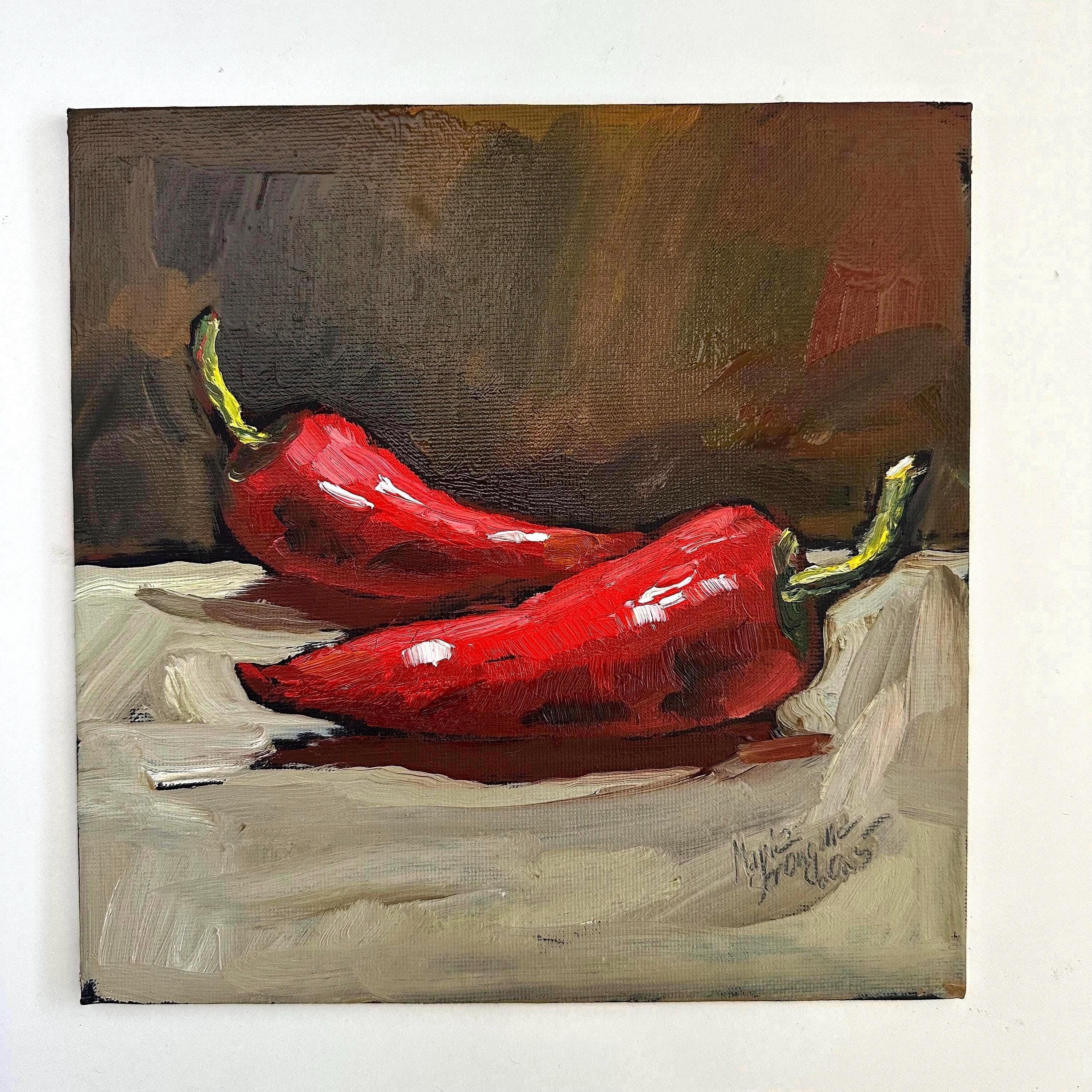 絵画 chilipepper'sPainting by YasuyoCorbett Chili Pepper Oil Painting: Original Kitchen Decor, Pepper Still