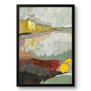 Silêncio. Outono no lago. Paisagem semi-abstrata emoldurada a óleo 8 por 12 Pintura impressionista impasto aldeia rural vista lago nebuloso arte