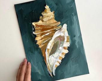 Original Seashell Painting: Beige shell Wall Art (8x12), sea landscape