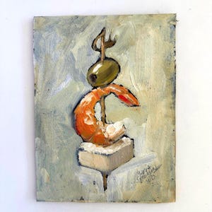 Pintura de azeitonas Decoração de parede de cozinha 6 x 8 camarão natureza morta pintura de canapés arte de parede a óleo original azeitonas cozinha natureza morta pintura de camarão