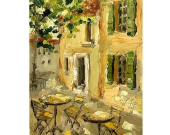 Mediterranean Cafe Impasto Painting: Sunny Cityscape Wall Art