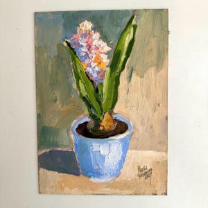 Pintura de jacinto Arte de parede a óleo original 8 x 12 arte de planta de casa semi-abstrata natureza morta floral Flor de jacinto em um vaso arte feita à mão