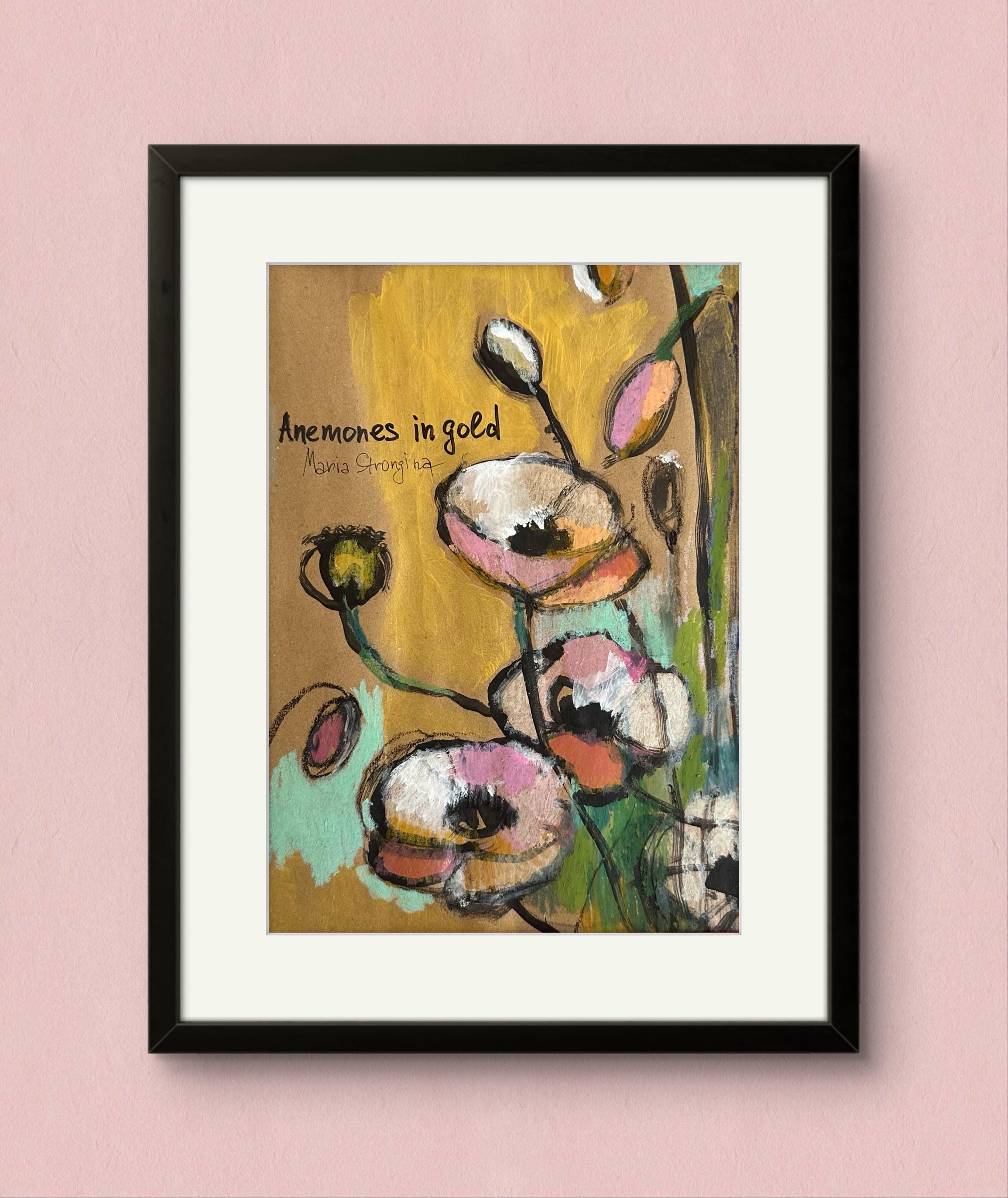 額入りアネモネ絵画：ゴールドミックスメディアフローラルアート 