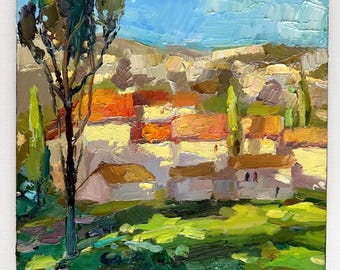 Cypress Oil Painting: Original Rural Landscape on Canvas, Mountain village Art with Palette Knife