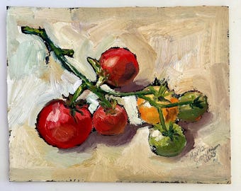 Tomatoes Oil Painting: Kitchen Decor, Original Vegetable wall art 10x8
