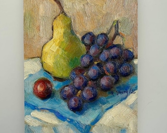 Pear and Grape Oil Painting: Original Impressionist Still Life, Kitchen Decor (canvas 8x12)