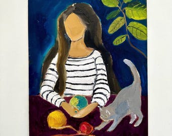 Woman with cat Portrait Painting: Naive oil Artwork, Knitting wall art, 8x10 in