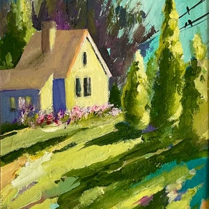 Casa rural en el campo, pintura original de 8 x 12, paisaje luminoso, casas en el pueblo, arte de pared pequeño elaborado, pintura de campo francés